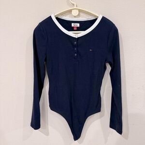 Tommy Hilfiger Bodysuit Navy Long Sleeve Cotton Blend Stretch Women’s Size L